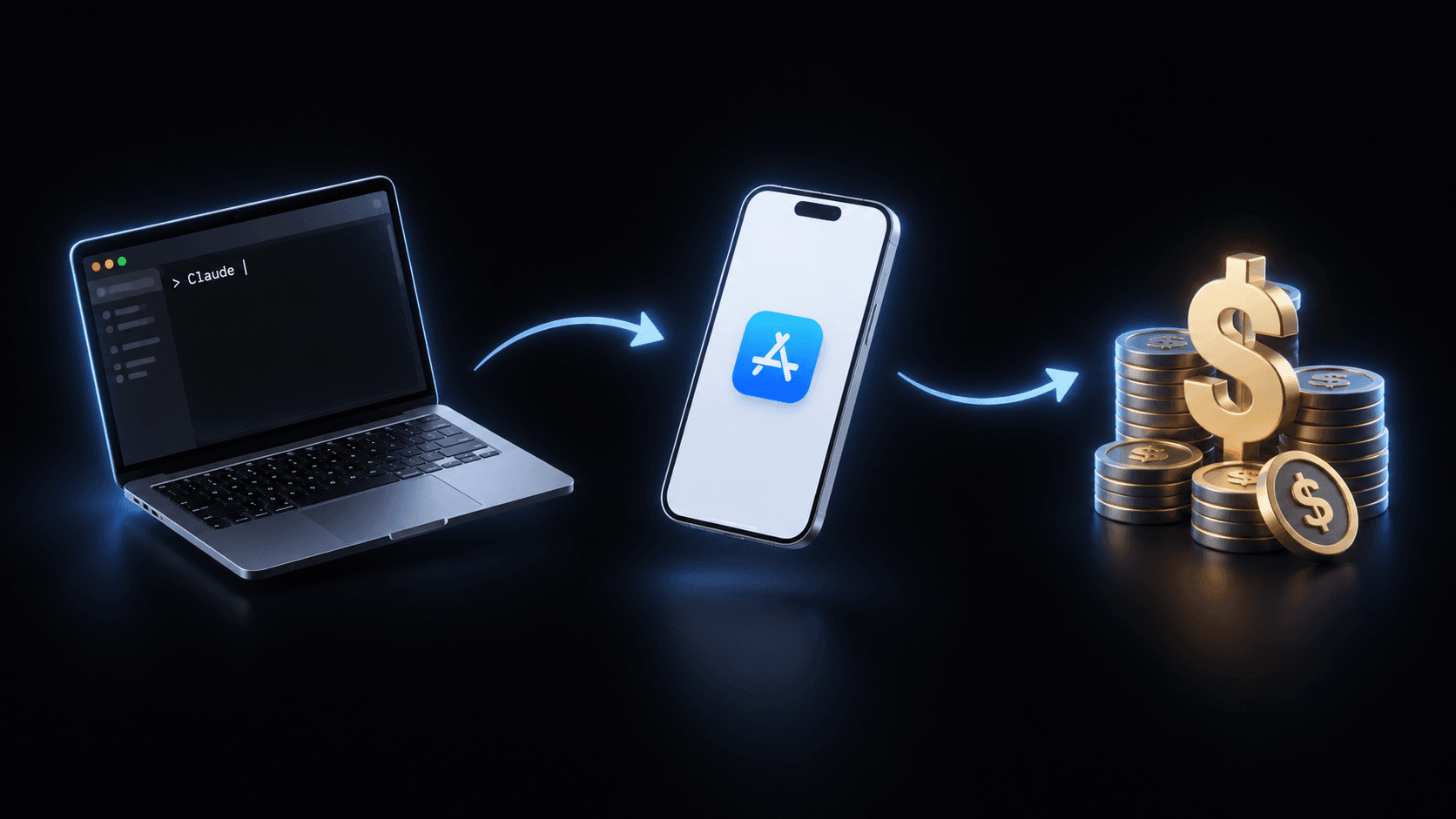 Illustration : un terminal Claude Code qui donne vie à une app iOS, publiée sur l'App Store et générant des revenus.