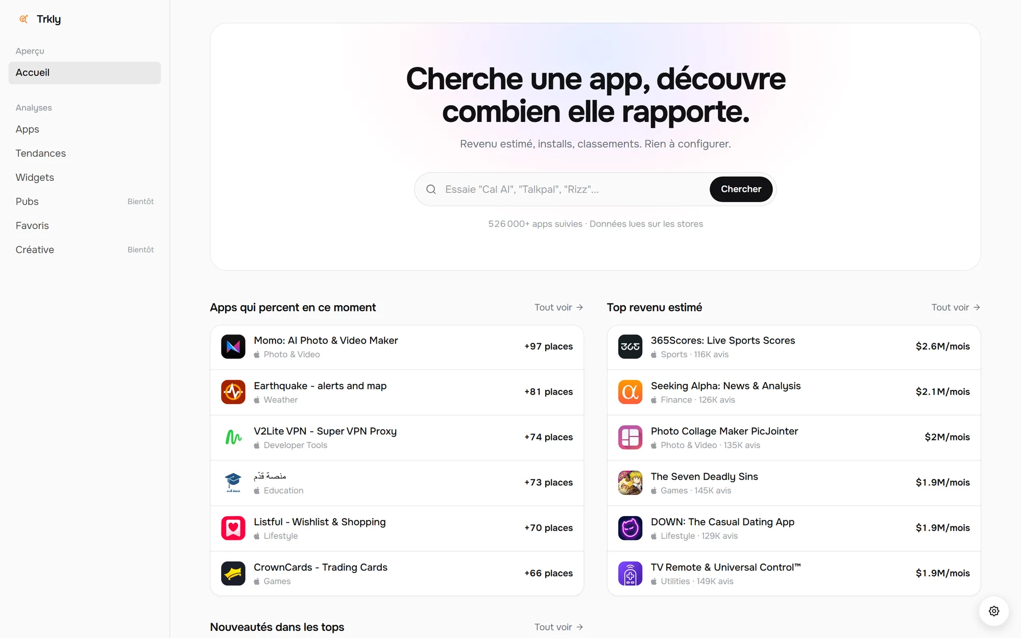Capture de Trkly : recherche d'une app, avec les apps qui percent et les plus gros revenus estimés.