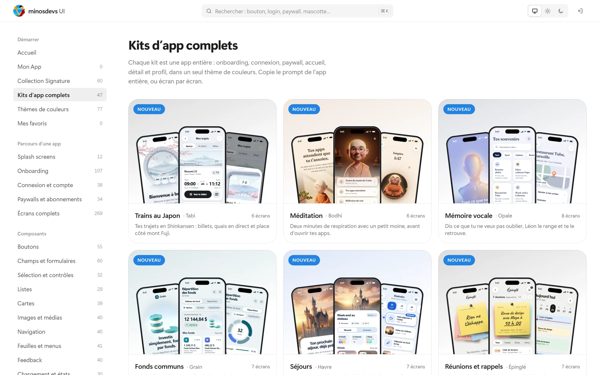 Capture de minosdevs UI : les kits d'app complets, avec leurs aperçus d'écrans dans un iPhone.